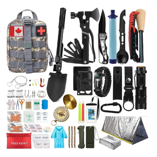 Notfall-Überlebenskit und Erste-Hilfe-Set für professionelles Outdoor Camping, Abenteuer, Wandern und Jagen mit Molle-System (Grau)